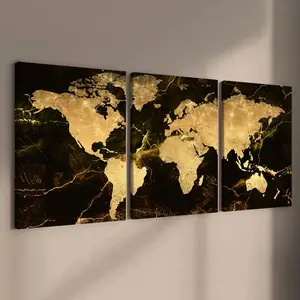 Wooden Framed Canvas Map Poster, 3 Counts Abstract Map Poster, Earth Map Decoration, Modern Art Wall Art for Home Living Room Bedroom Office