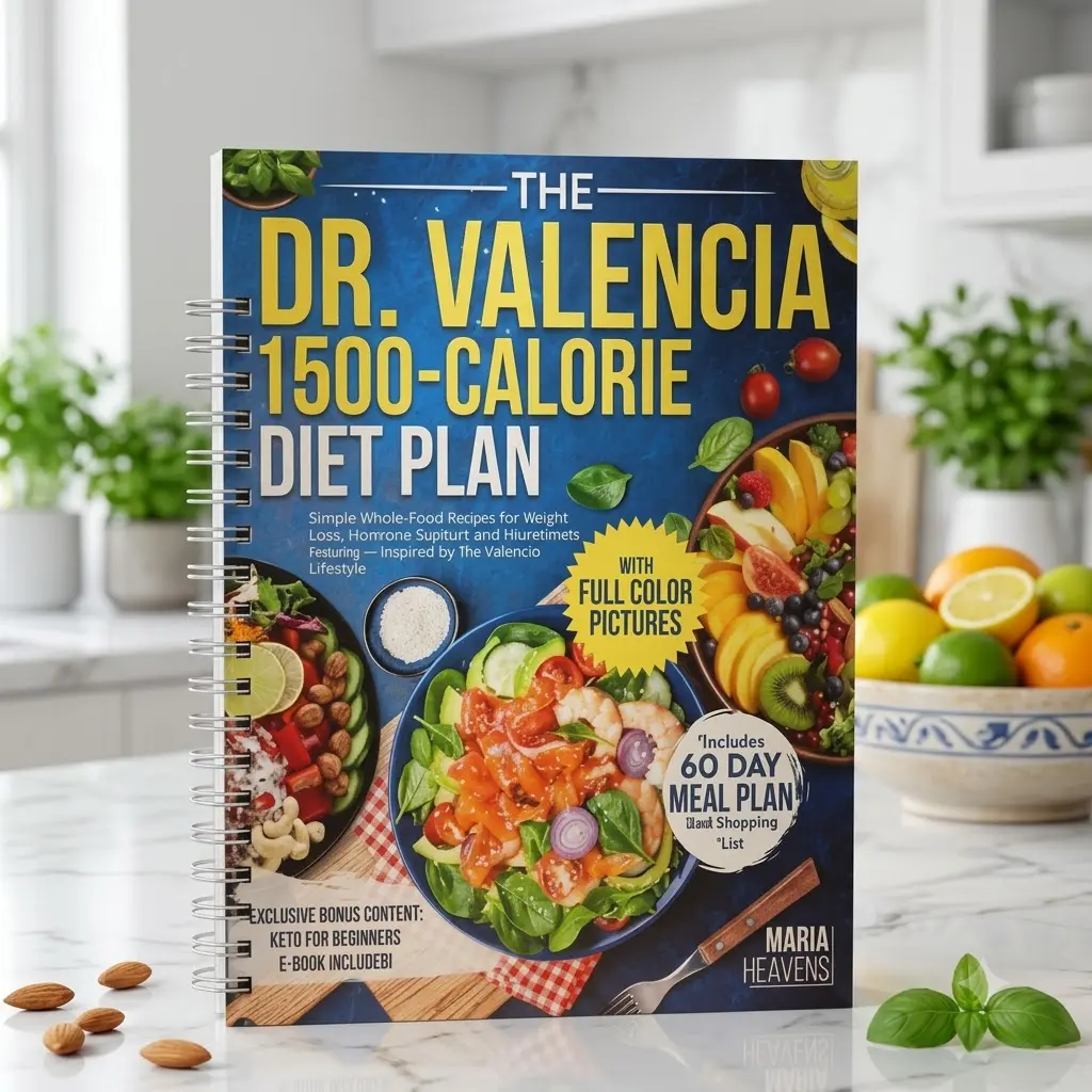 Dr. Valencia’s 1,500-Calorie Diet: a low-carb cookbook focusing on whole foods, simple and healthy recipes, and 1,500-calorie meal plans, alongside content on weight management, meal prep, and intermittent fasting guidelines.
