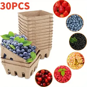 30 Packs 4" x 4" x 1.77" Pulp Fiber Basket Set, Molded Berry Basket Produce Vented Container for Strawberry Blueberry Raspberry Fruit and Vegetable