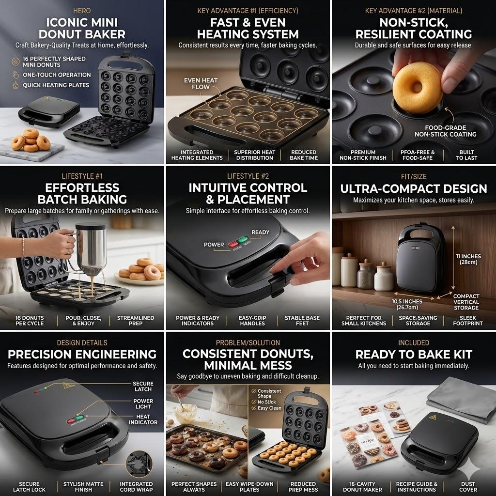 16 Mini Donut Maker Machine, 1000W Double-Sided Heating Non-Stick Donut Press, Makes 16 Doughnuts in Minutes, Perfect for Breakfast, Snacks, Parties, Home Kitchen Use, 1.93'' Mini Donuts pancake