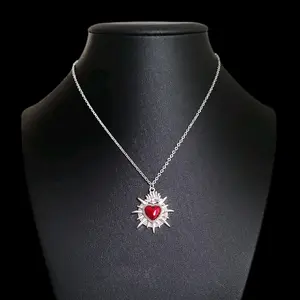 Gothic Silver Red Sacred Heart Necklace 003