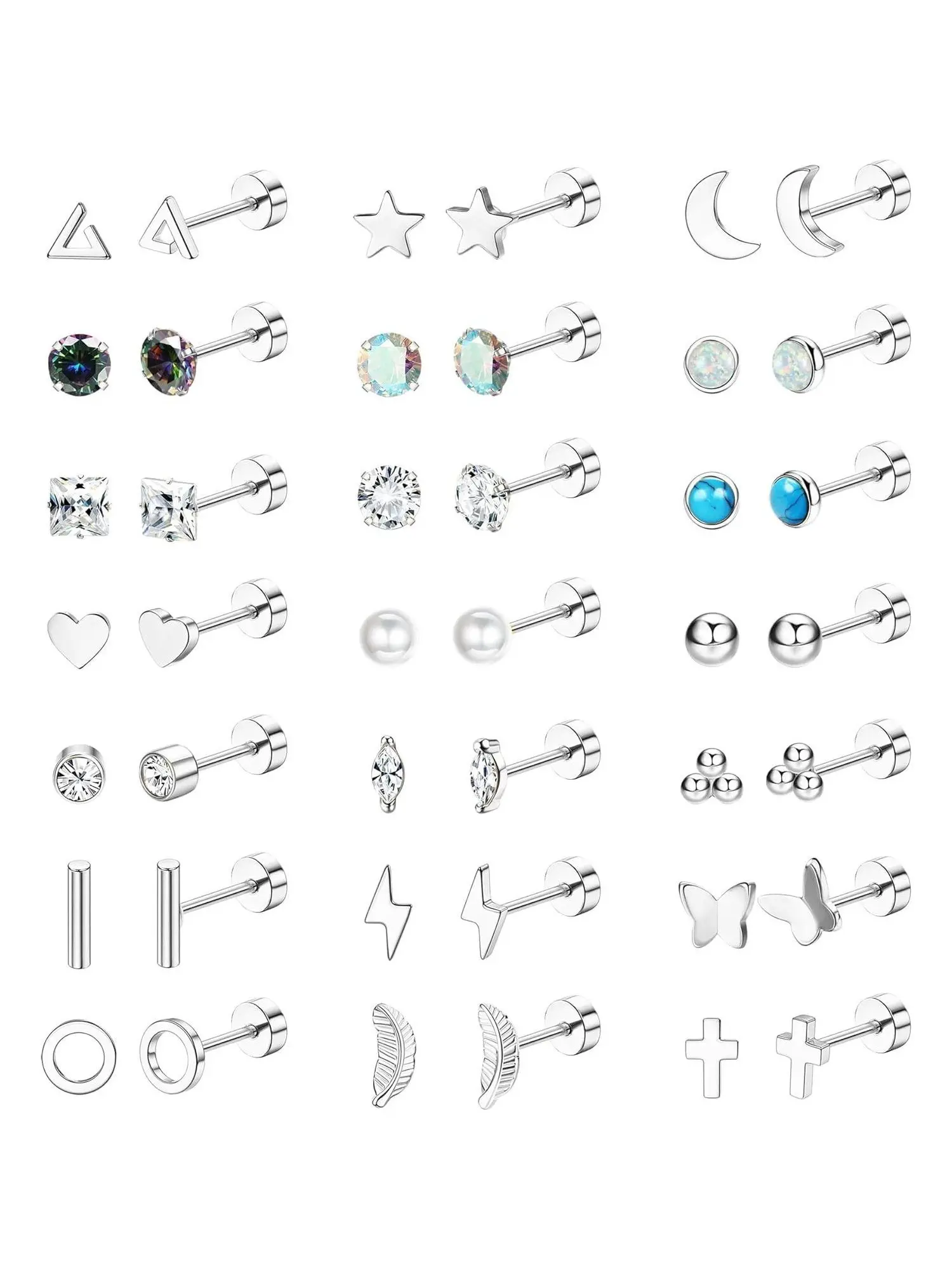 42 Pcs Hypoallergenic Flat Back Stud Earrings for Women Men Surgical Stainless Steel Earrings Set, Stackable Earrings, for Sensitive Ears Cartilage Earring Small Flatback Studs Screw Back Earrings Jewelry, Earring Stacks