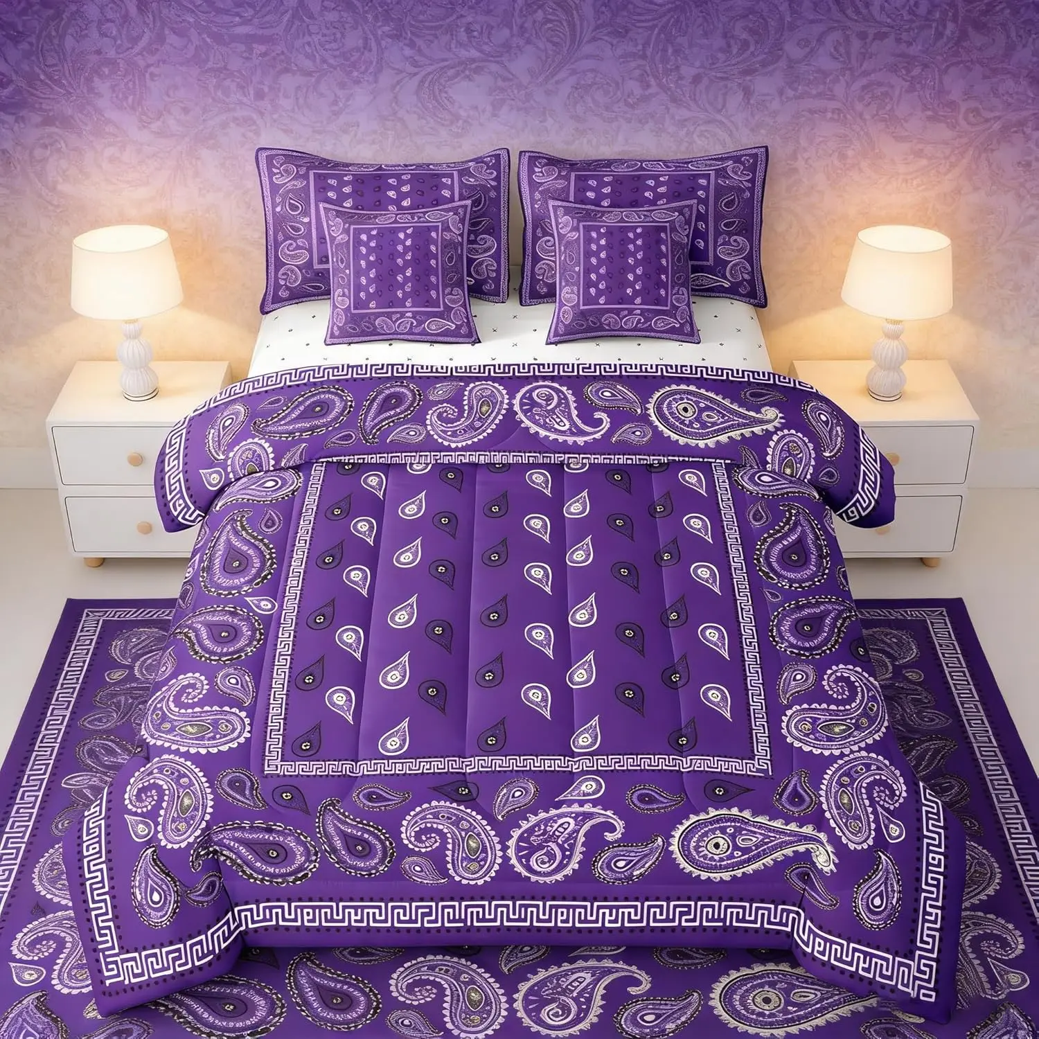 Purple Bandana 7pcs Comforter Set,Boho Paisley Bandanas Bedding Set for All Season,Bohemian Chic Floral Bed in A Bag with Comforter,Sheets and Pillowcases,Women Man Room Decor