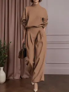 ZANZEA Women's 2-Piece Casual Autumn Winter Womenswear Suits - Solid High Neck Long Sleeve Pullover Sweatshirt Top, Loose Fit Straight Leg Pockets Pants, Accessories-Ready Set