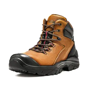 COOLJOB Steel Toe Work Boots for Men, Anti-spark Full Grain Leather Safety Shoes, Non-slip PU Outsole, Brown