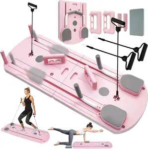 Womens Full Body Pilates Workout Kit with Resistance Bands Ab Roller and Plank Support, 4 in 1 Portable Home Pilates System Foldable Reformer Alternative for Arms Legs Glutes Core Strength Training Fitness Equipment