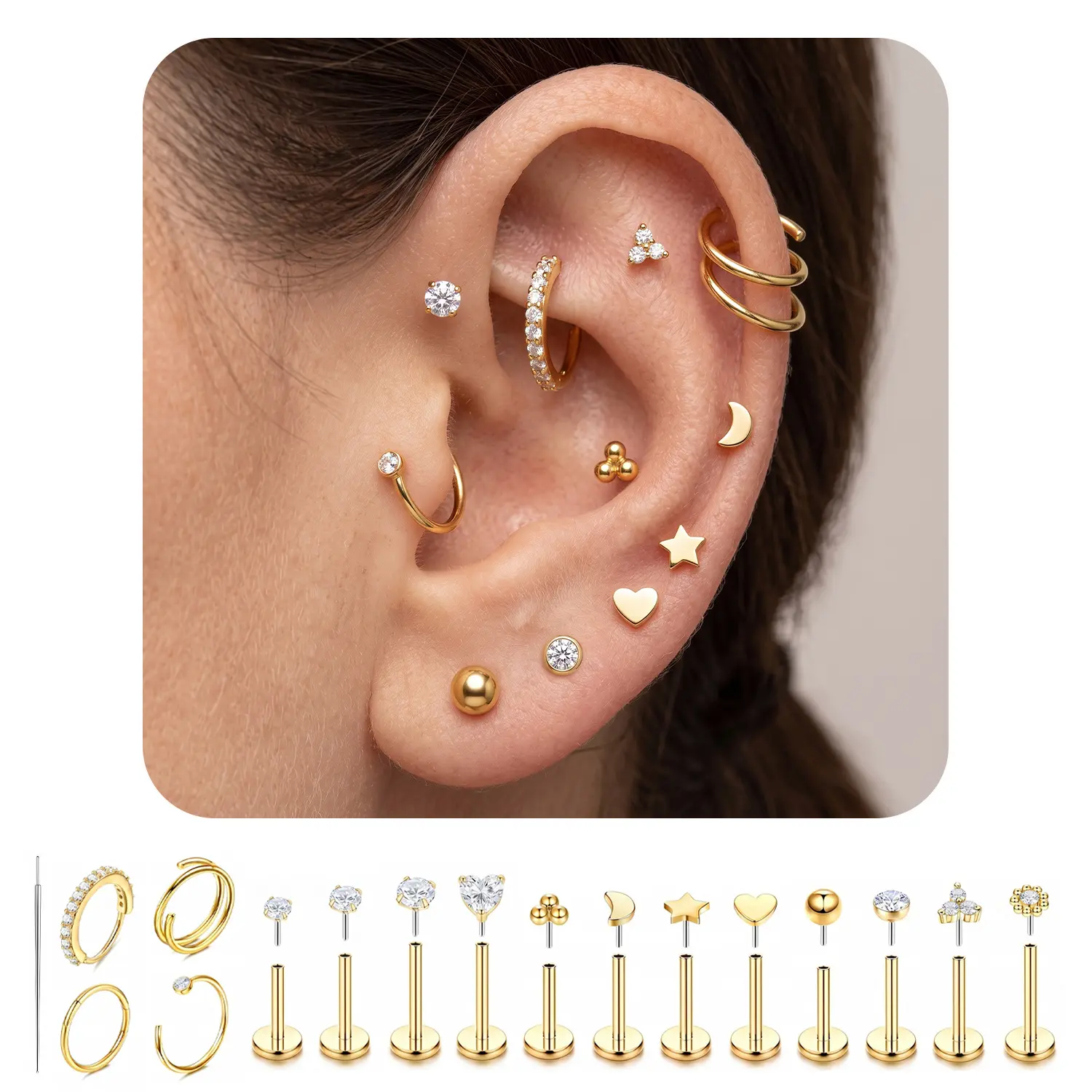 YLNWH 17PCS Flat Back Piercing Jewelry Set for Women, 316L Surgical Stainless Steel CZ Nose Rings Lip Rings Cartilage Earrings, Hoop & Stud Mix with Insertion Pin, Gold/Silver