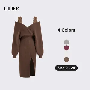 Cider Knit Off-Shoulder Wrap Lace Split Midi Dress