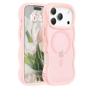 Magnetic Phone Case for iPhone, MagSafe Compatible Cute Wavy Frame Design, Translucent Matte Hard Back Soft Silicone Bumper, Shockproof Protective Phonecase for Women Girls