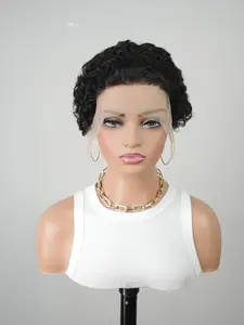 Short Curly Pixie Cut Wig for Black Women Human Hair 1B Color Finger Wave Style with Pin Curls Glueless Pixie Wig Short Layered Brazilian Virgin Human Hair Wigs for Daily Use