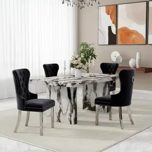 Roundhill Furniture Cavira Modern Dining Set, Faux Marble Dining Table with Four Chairs