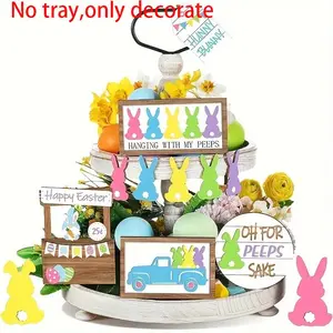 13 piece Easter layered tray decoration kit, wooden Happy Easter logo, rural farmhouse spring desktop decoration, suitable for home and Easter dining table, without tray