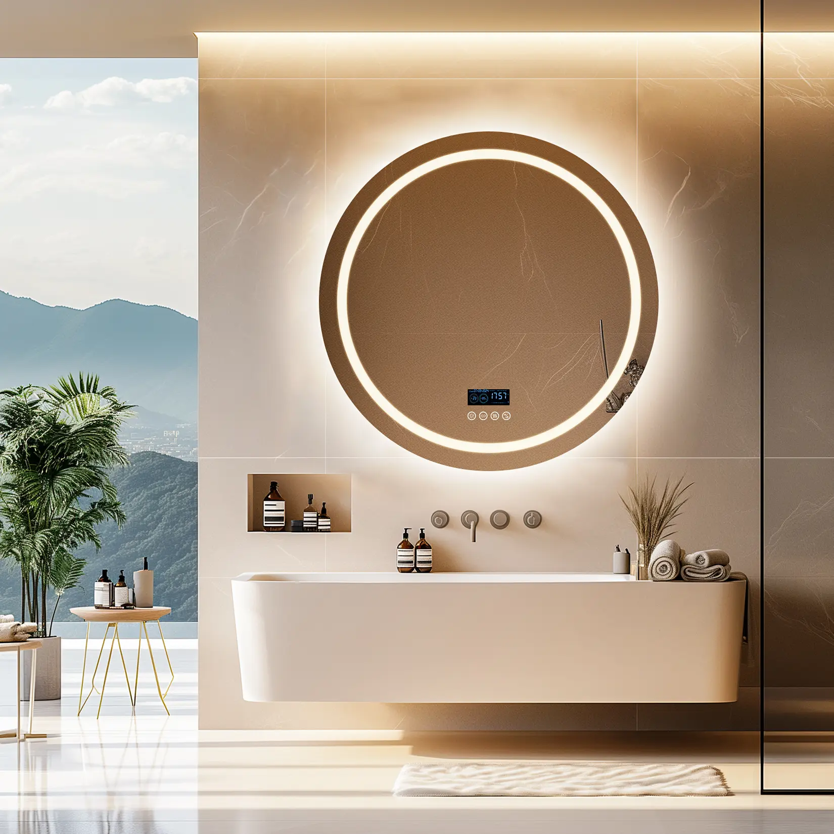 32" Round LED Dimmable Vanity Bathroom Mirror - Front-Lit, Backlit, Glass, Electronic, Aluminium Frame, Built-in Bluetooth Speaker, Lighted Bathroom Fixture