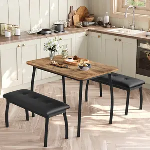 Gaomon 3-Piece Space Saver Dining Table Set with 2 Upholstered Benches, Wooden Construction Kitchen Table for 4, Retro Brown, Ideal for Small Dining Rooms, Apartments