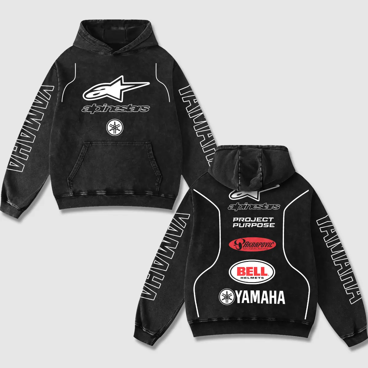 Retro Alpinestar Yamaha Racing Washed Hoodie Bell Helmet AKRAPOVIC