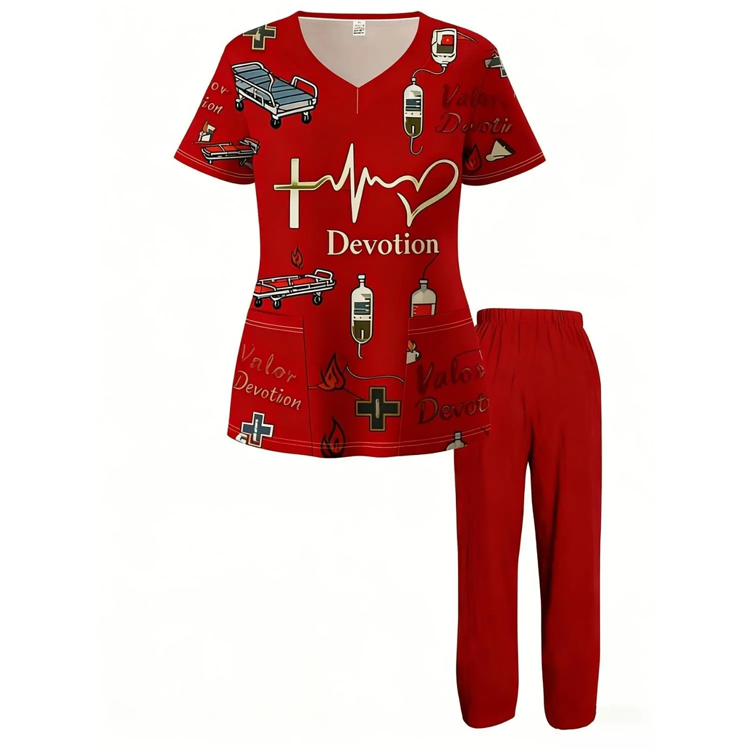 Women's Printed Nurse Uniform Set - Short-Sleeve V-Neck Top & Pants with Pockets, Ideal for Nurses, Caregivers, Dental Clinics, Operating Rooms & Pet Grooming, Perfect Christmas & New Year Gift Casual Clothes