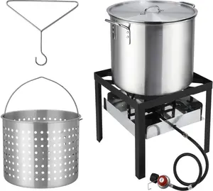80QT Seafood Cooker Set (2-piece) - Black Square Iron Cooking Rack, Silver Aluminum Pan, Gas Frying Pan