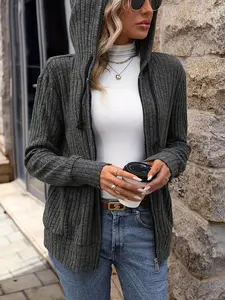 A women's plus size hooded sweatshirt - casual ribbed knit polyester jacket with zipper and drawstring, long sleeved solid color cardigan suitable for autumn and winter, slim fit design, regular sleeve shape