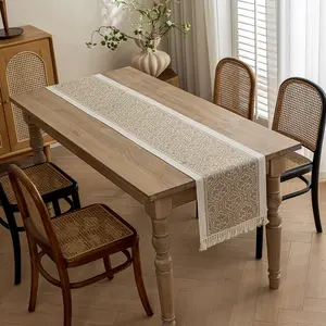 Geometric Embroidered Fringe Table Runner, Nordic Style Cotton Linen Tablecloth, Durable Wrinkle-Resistant, Party Festival Dining Decor