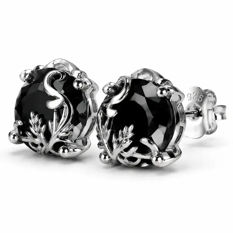 925 Sterling Silver Vintage Gothic Black Obsidian Stud Earrings for Women - Baroque Floral Filigree Statement Studs, Y2K Dark Aesthetic Streetwear Jewelry, Minimal Luxe Gift for Daily & Party Wear