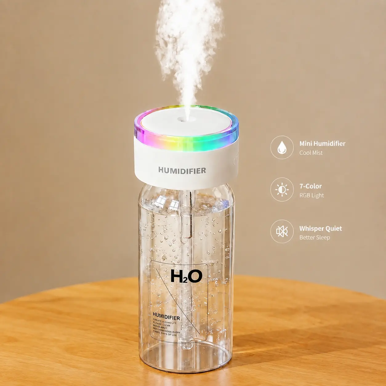 Mini Humidifier with RGB Light, Portable Cool Mist USB Humidifier for Bedroom, Desk, Office & Dorm, Back to School Essential