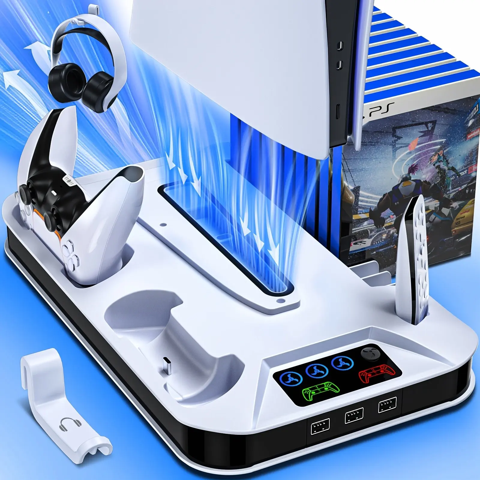 For PS5/Slim/Pro Cooling Station with Controller Charging Station for Playstation 5 Slim & Standard Disc/Digital Console, for PS5 Slim Stand Cooler Accessories Including Cooling Fan/3 USB Hubs/Headset Holder/Screw - Christmas Gifts