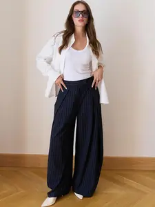 Baggy Wide Pants For Woman Street Style Striped Trousers Pleated Casual Oversize Pants Palazzo Office Wear Suit Wide Leg Pants High Waist Women's Wide Trousers
