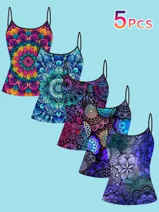 5 Piece Set Vibrant Mandala Print Strapless Top, European Style Ethnic Vintage Backless Vest, Fashion Women's Casual Summer Wear, Backless Sleeveless Cami