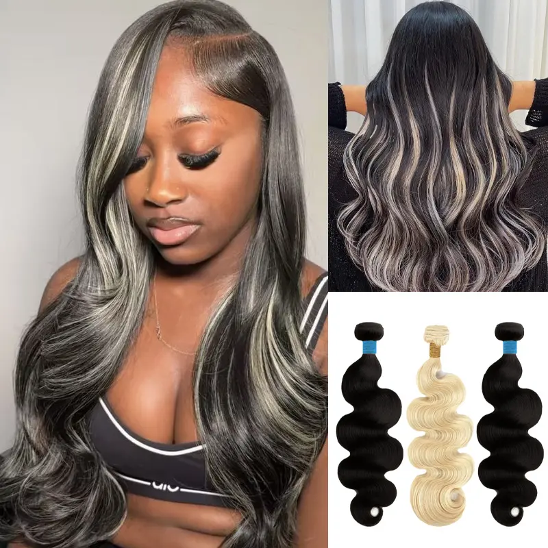 StarHair 1B/613 Peekaboo Highlight Human Hair Bundles 100g Virgin Remy Hair Tangle-Free No Shedding Dyable Styled 14-30 Inch Body Wave Straight