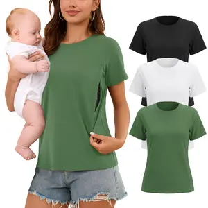 【Ecavus】One-Handed Zipper Nursing Shirts for Breastfeeding - 3 Pack Women's Short Sleeve Nursing Tops Round Neck Maternity Top outdoorfun
