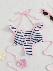 Ladies' swimwear, sexy and fashionable, black and white two-piece swimsuit, summer beach, Stripe Bikini, bikini set.