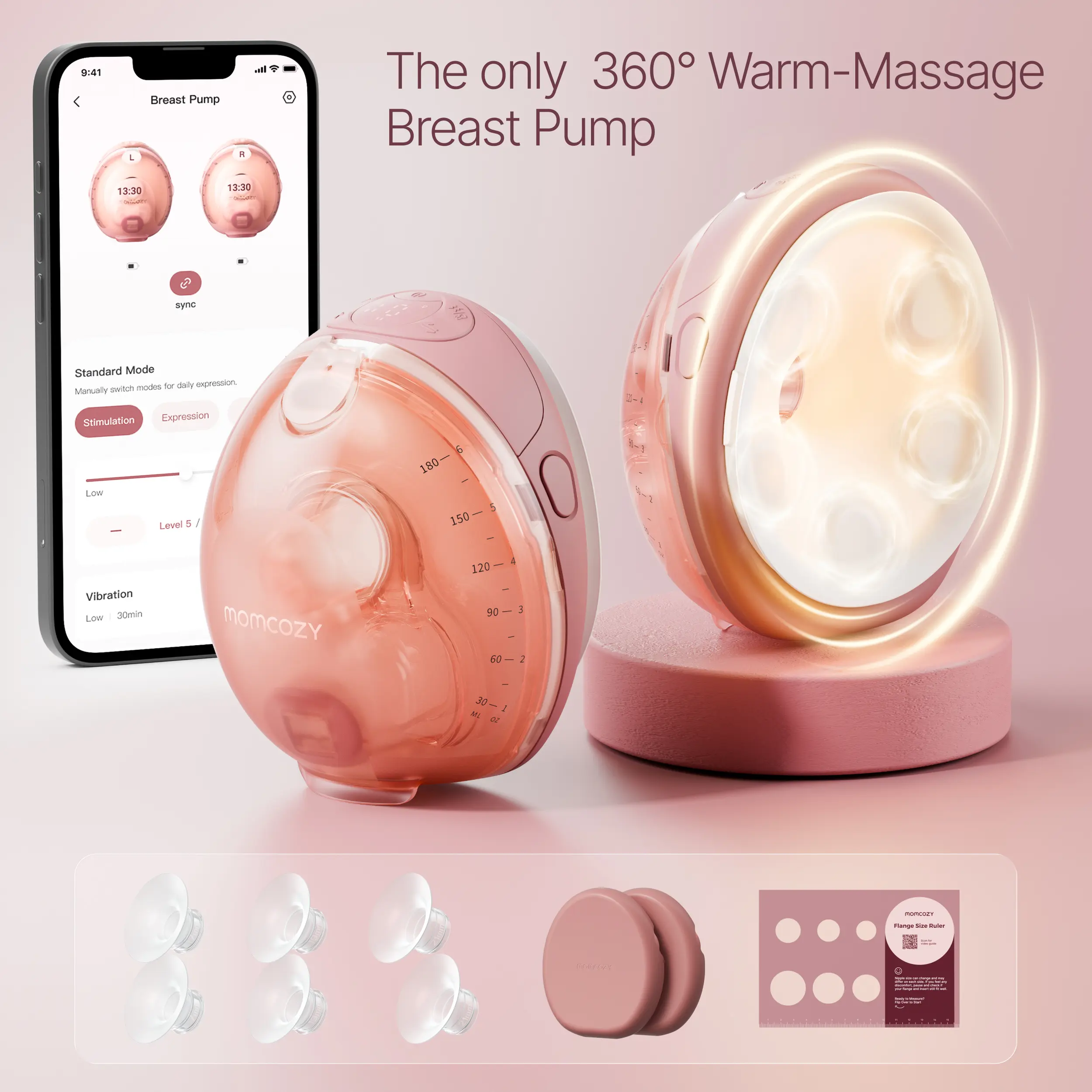 Momcozy Wellness 1 Wearable Breast Pump, Warm-Massage Hands-Free Pump with Heated Flange&Simulated Massage for Comfortable Breastfeeding&Let-Down, App-Controlled, 4 Modes 12 Levels, 180ml/6oz