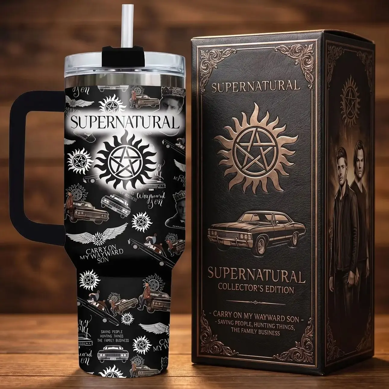 Supernatural TV Show Tumbler with Handle, 40oz Insulated Stainless Steel Travel Mug with Straw, Anti Possession Symbol Dean Sam Winchester Impala Car Cup, Carry On My Wayward Son Saving People Hunting Things Gift Idea for TV Fans