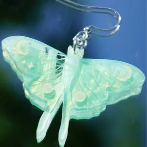 Luna Moth Earrings Hand Painted Celestial Symbols Smoky Mint Acrylic Hypoallergenic Hooks Lightweight Comfortable All Day Wear
