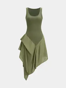 Women's Linen Patchwork Dress, Casual Summer Long Sleeve Maxi Dress, Comfortable Loose Fit A-Line Skirt, Perfect for Daily Wear