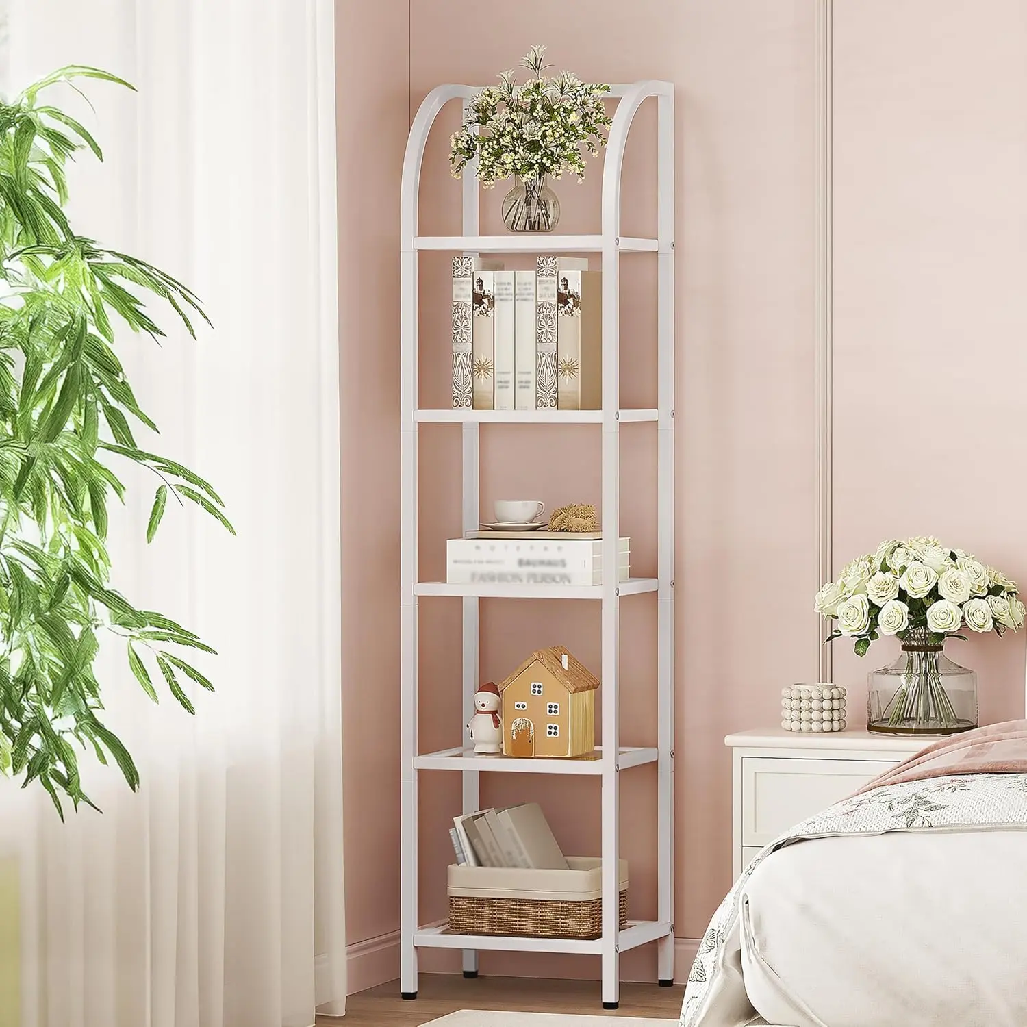 Bookcase Bookshelf, Tempered Glass Arched Bookshelf for More Storage, Slim Shelving Unit for Bedroom, Bathroom,  Office, Steel Frame, 5 Tier White BC20599W