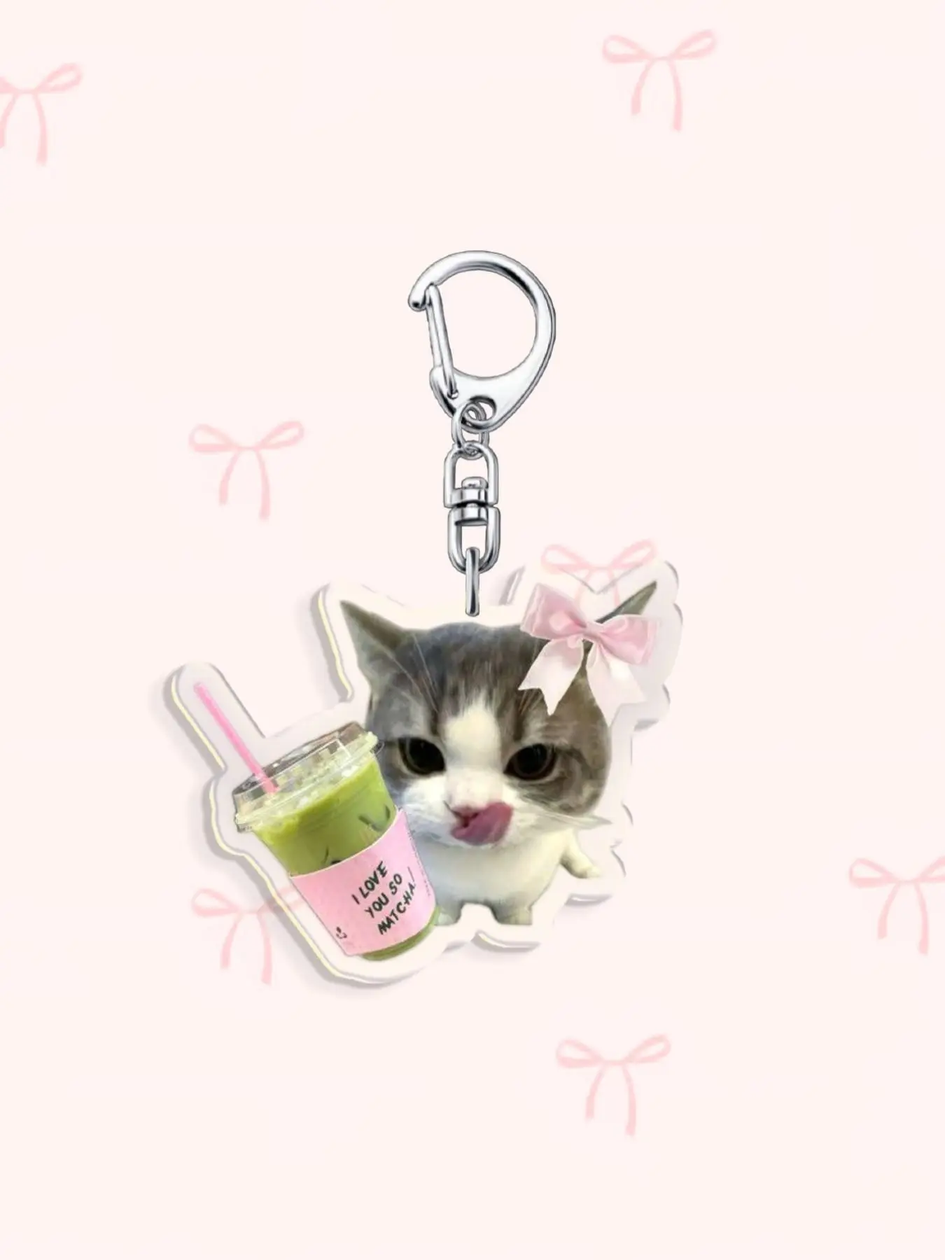 Kawaii Matcha Acrylic Keychain, Cute Keychain, Aesthetic Keychain, Butterfly Knot Matcha Cup, Cat Matcha, Cat Drinking Matcha, Hamster Drink Matcha, Tea Theme, Keychain For Bags