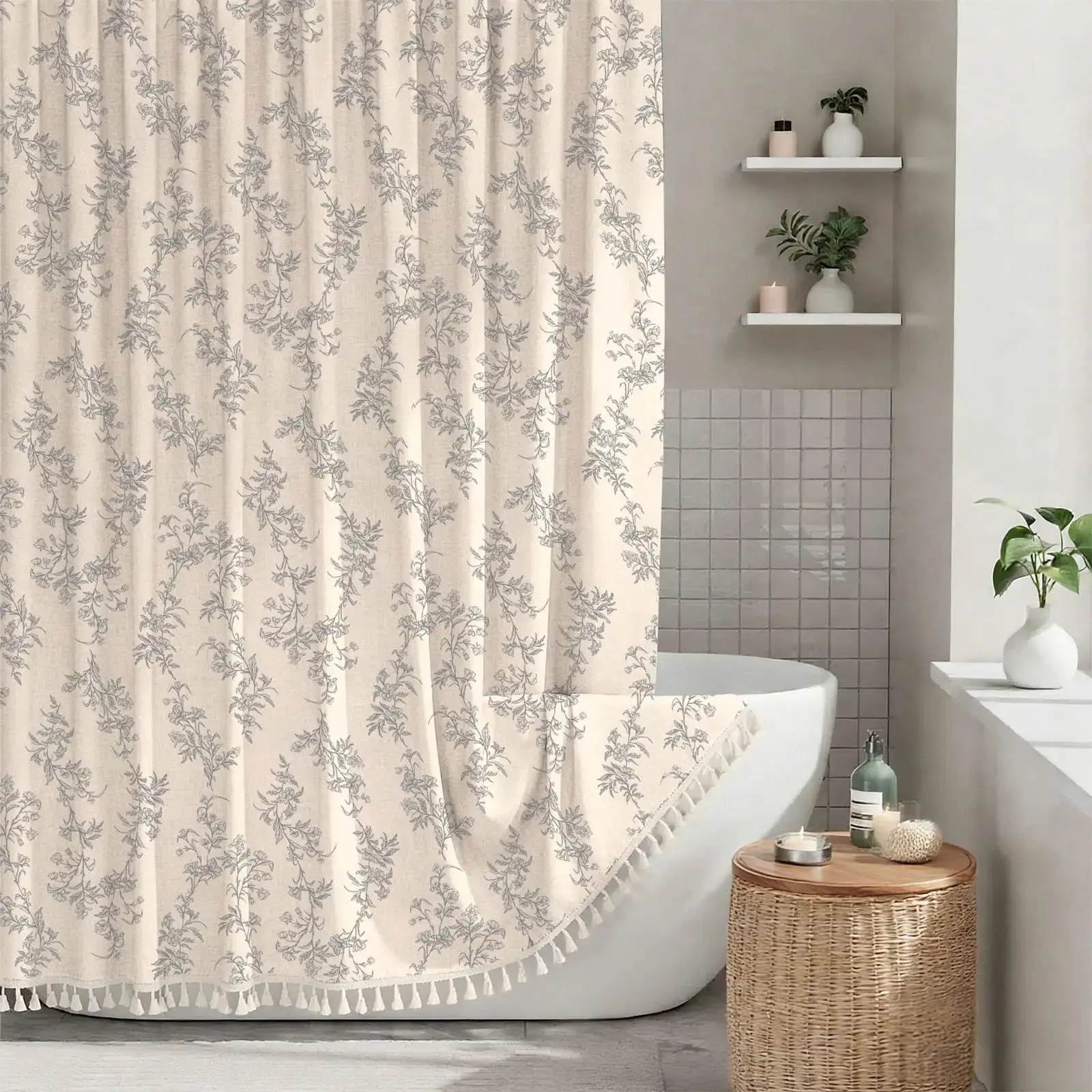 Floral Plant Shower Curtain Set with Tassels & Hooks - Heavy-Duty Faux Cotton Linen, Plastic Washable, Cottagecore Boho Vintage Rustic Home Bathroom Accessory for Whimsical Home Decor 72*72inch