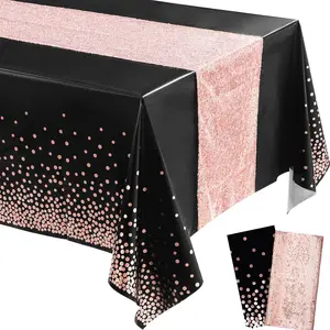 2-Piece Set of Black & Rose Gold Sequin Tablecloth & Runner Confetti Design for Parties & Events