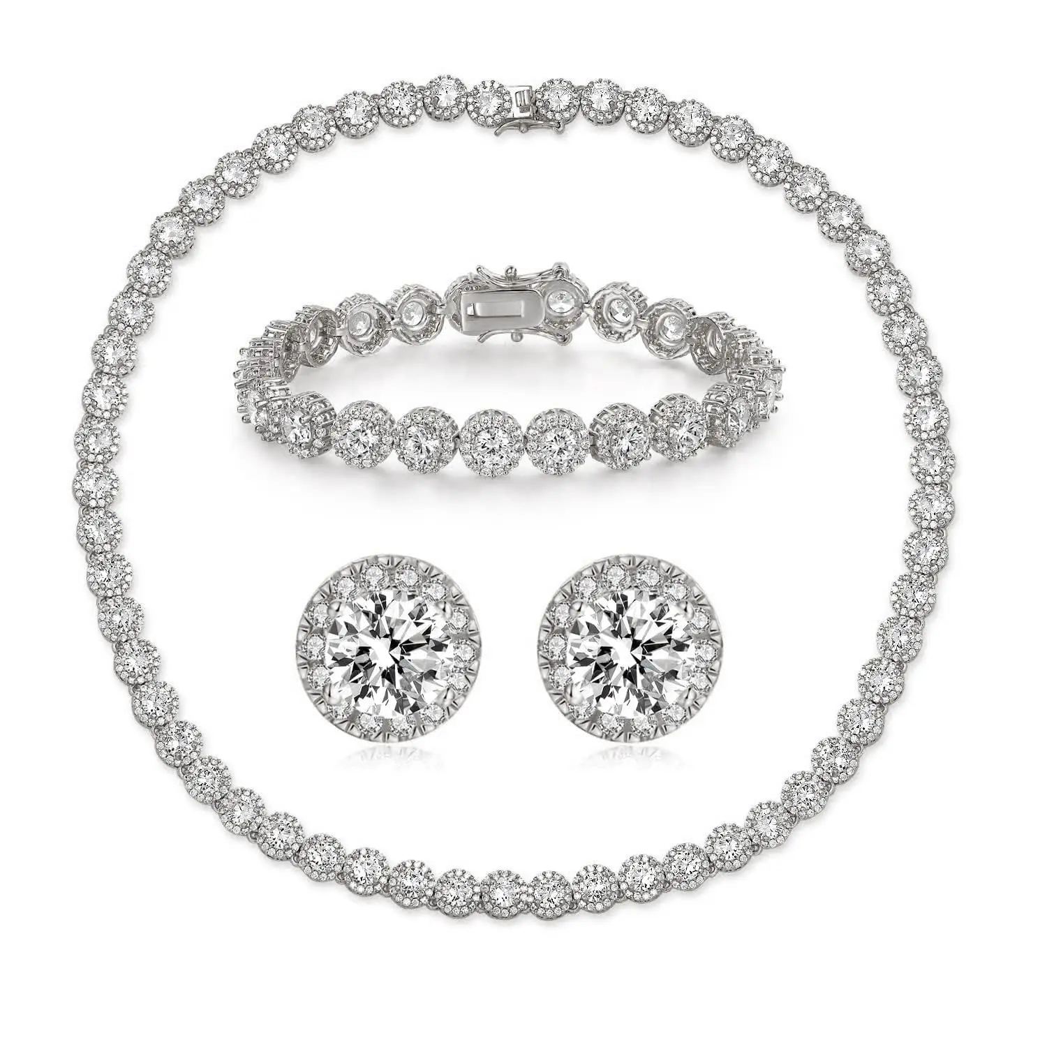 MDFUN Cubic Zirconia Tennis Jewellery Set - Necklace, Bracelet, Earrings, Unisex Trendy Fashion Bracelet Gift Box Jewelry Set for Elegant Gifting, Jewelleryset, Trendy Jewelry Set