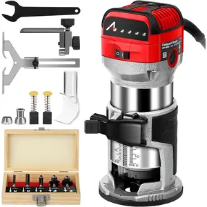 6.5 Amp 1.25  Compact Router Tools for Woodworking, Fixed Base  Router with Trim Router Bits, 6 Variable Speeds, Edge Guide, Roller Guide, Dust Hood (Red, 65mm)