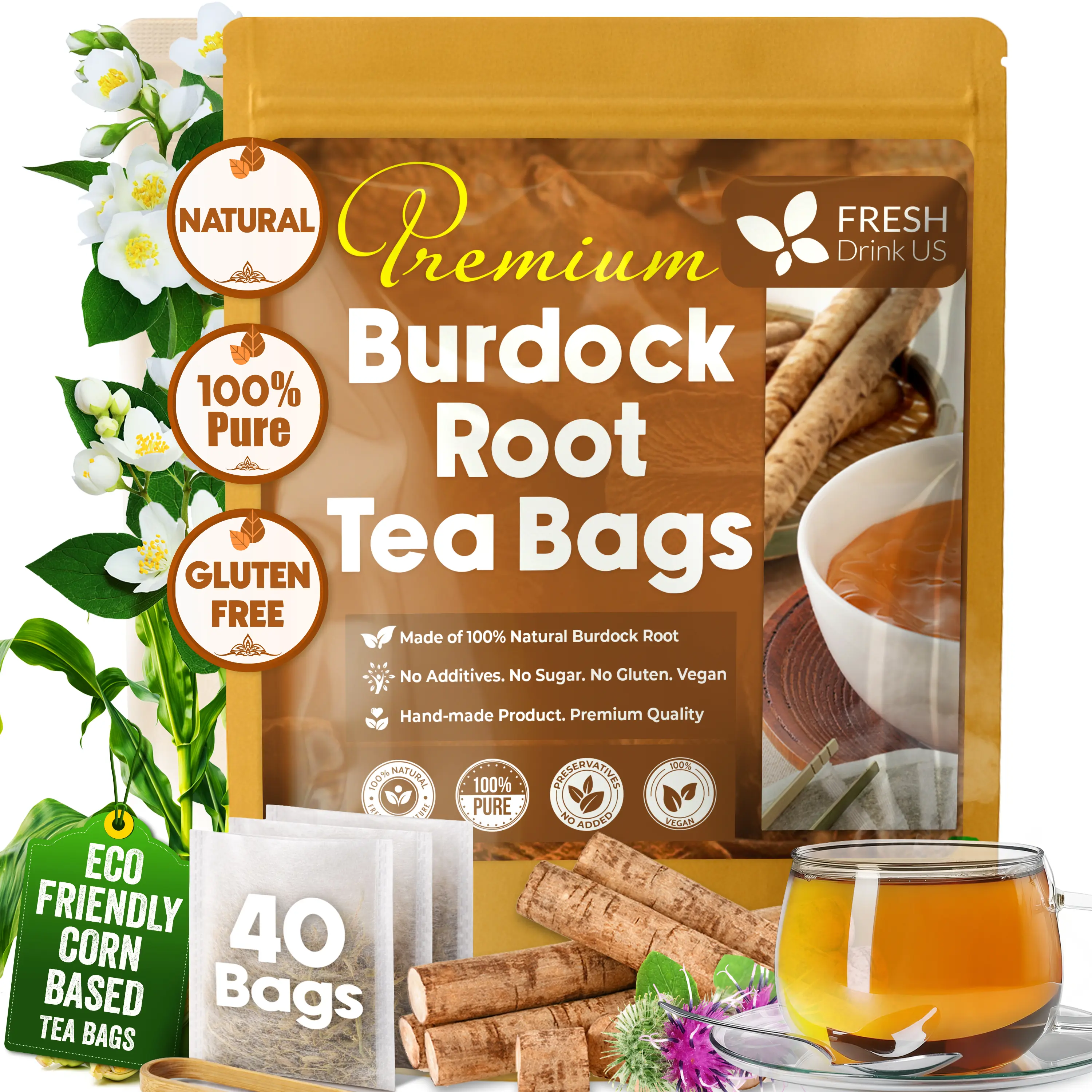 【FreshDrinkUS】 Burdock Root Tea, 100% Natural & Pure, Non GMO, No Sugar, No Caffeine, No Gluten, Vegan, Soy Free, Beverage