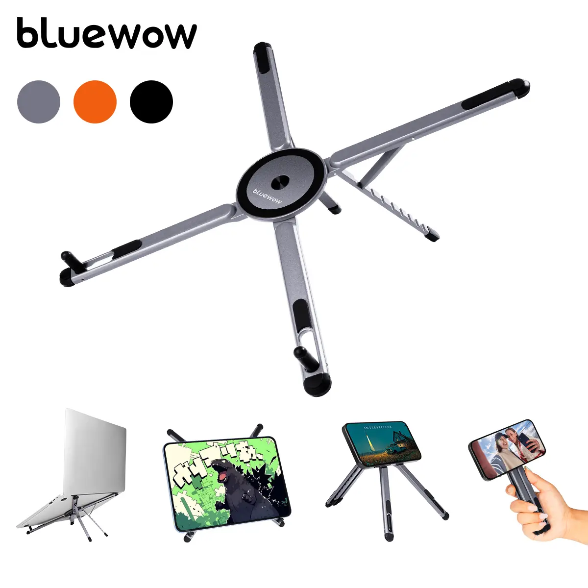 BlueWow Portable Laptop Stand for Desk, Foldable Adjustable Computer Riser with Magnetic Phone Holder, Aluminum Laptop Stand for 10–16” Laptops & 4–13” Phones/Tablets