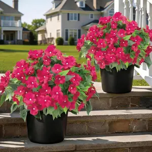 2 Set Potted Artificial Impatiens Topiary - Faux Silk Flower Potted Plants for Front Porch Decor, UV Resistant Fake Impatiens Bushes for Outdoor Indoor Garden Yard Home Decor(Rose Red)