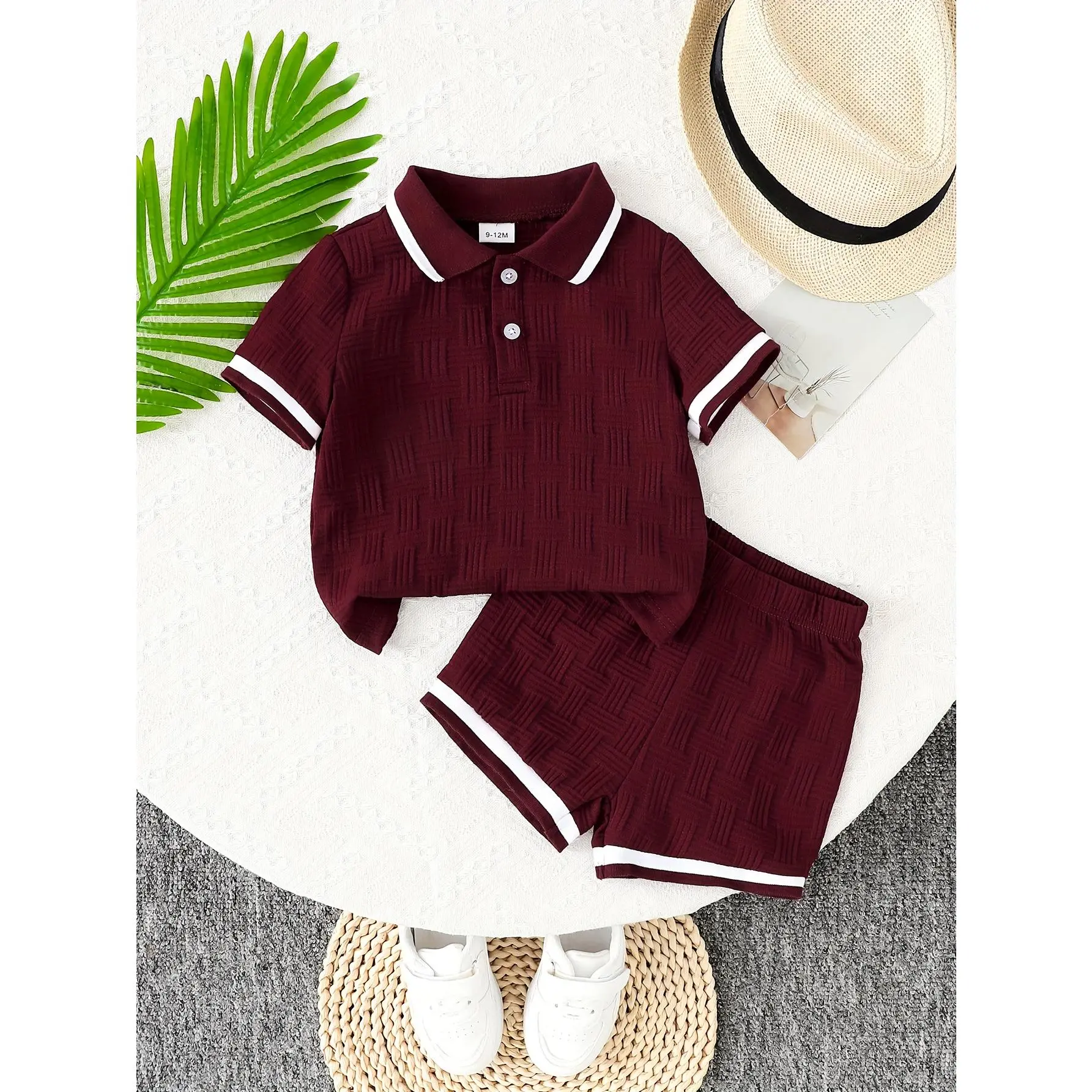 Boys Summer Two-Piece Set Gentleman Style Deep Red Short-Sleeve Polo Shirt and Shorts French Casual Nordic Minimalist Outfit for Fashionable Baby Boys