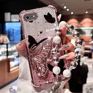 Fashion Strap Lanyard SE 2020 Elegant PC Protective Phone Holder Case Compatible With for iPhone SE 2020 Beautiful Black Butterfly Case Cover for Lady Accessories