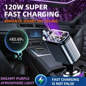 120W Super Fast Car Charger 4 in 1 Retractable Cable Car Charger with Starry Sky Atmosphere Light 180 Degree Rotatable Head Multiple Safety Protection Fast Charging Station for iPhone Samsung Laptop