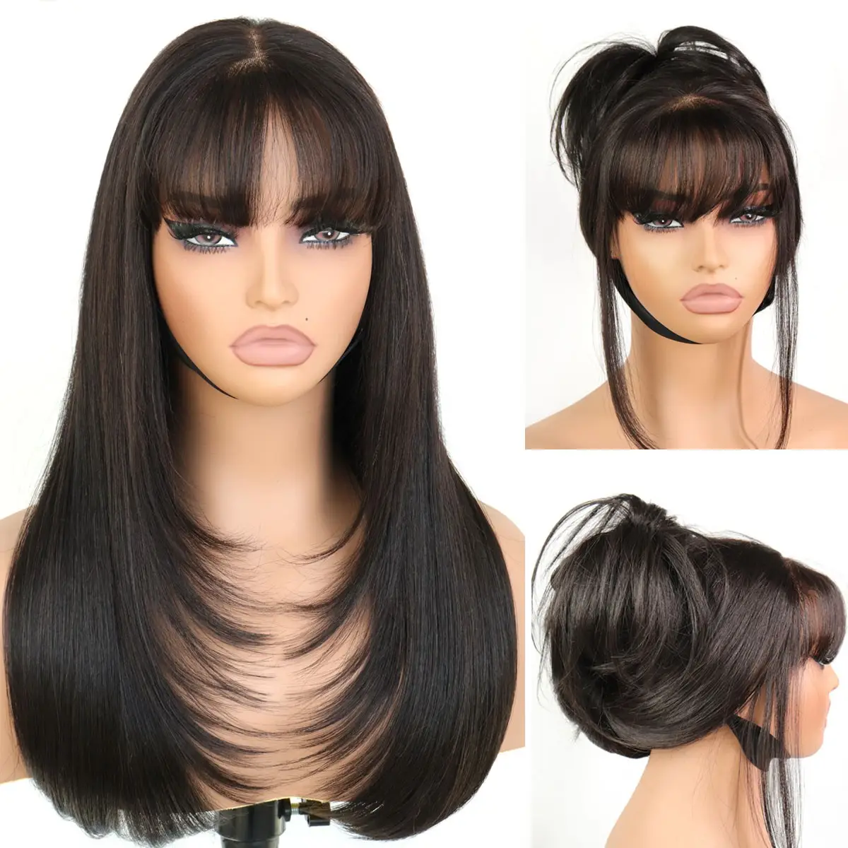 Glueless Straight Layered Wigs with Bangs Wear and Go 6x4 Lace Front Wig ,Pre Style Realistic Look with True Scalp Tiny Knots 220% Density