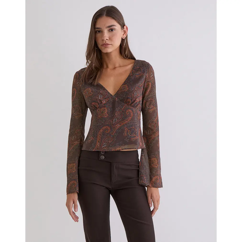Karilo Long Sleeve Top in Chiffon Royal Paisley Burgundy