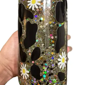 Gold glitter daisy 16oz Tumbler with lid & straw - Decorative Design with Sparkles, Ideal for Beverage Drinking - Drinkware, Bottle